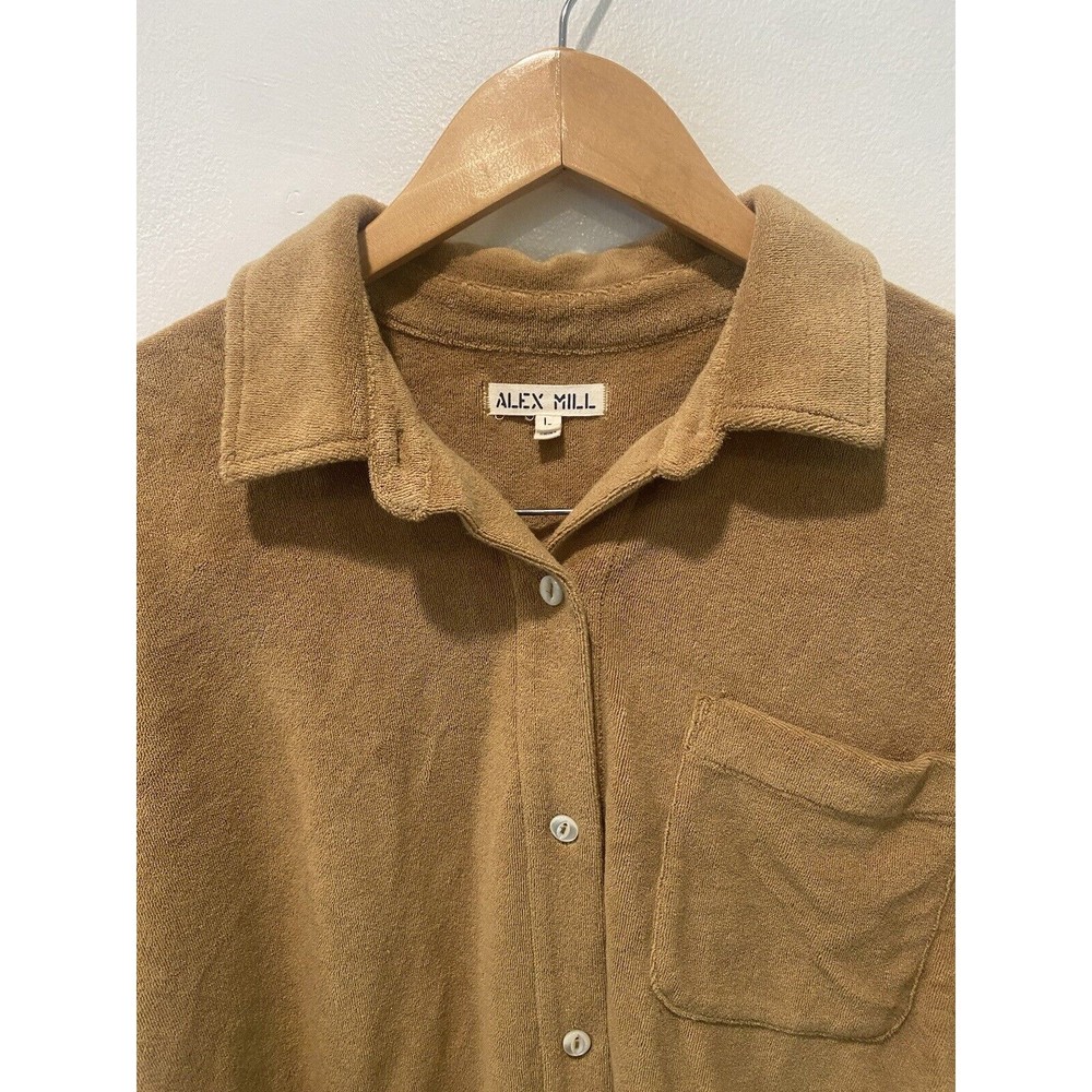 Alex Mill Womens Top Benny Shirt Golden Flax Terry Cloth Button Up Sz L Retro - Picture 6 of 9